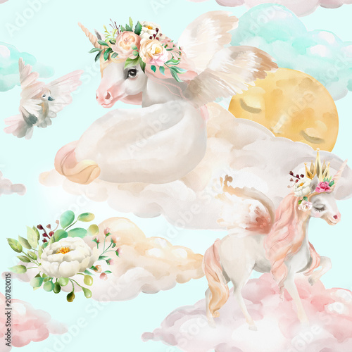Beautiful, watercolor unicorns princess, pegasus in gold crown and floral, fl...