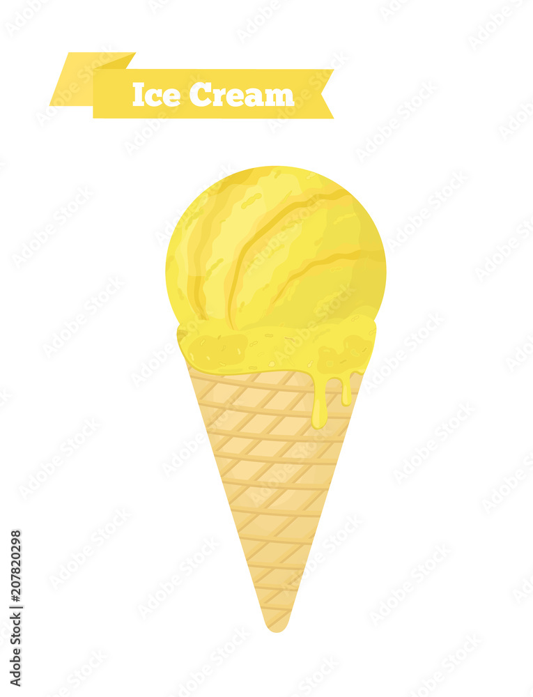 Vector yellow ice cream in cone, lemon taste. Cartoon flat style Vector yellow ice cream in cone, lemon taste. Cartoon flat style