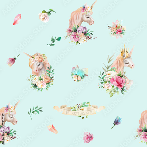 Beautiful watercolor unicorns princess, pegasus with violet and cream peony, pink roses, magic crystals and floral, flowers bouquets on baby blue background seamless pattern