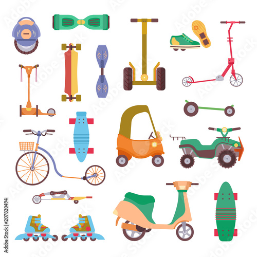 Different urban park activity sport wheel devices, vehicles and park transport vector illustration set. Baby manual car, Solo Unicycle, Gyro pod skate, Scooter, Skate board, Ripstik, roller Skates.