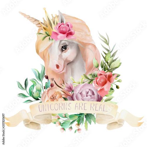 Beautiful, cute, watercolor unicorn head with gold crown and flowers, floral ...