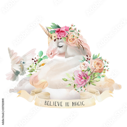 Beautiful, cute, watercolor dreaming unicorn on the cloud with flowers, flora...