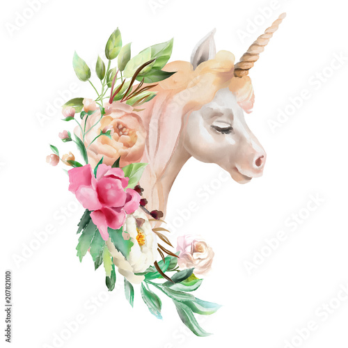 Beautiful, cute, watercolor unicorn head with flowers, floral crown, bouquet ...