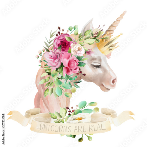 Beautiful, cute, watercolor dreaming unicorn, pegasus with flowers, golden cr...