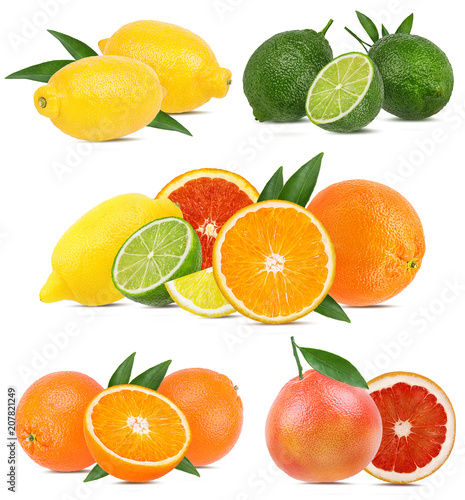 Collage of fresh citrus isolated on white background with clipping path