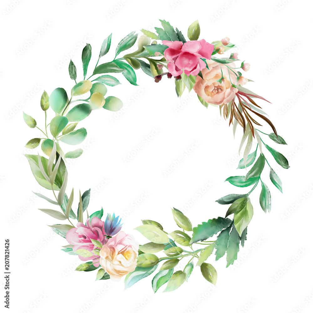Obraz premium Beautiful watercolor floral bouquet, whimsical flowers wreath, circle frame. Pink rose, violet and cream peony. Fantasy wedding arrangement isolated on white