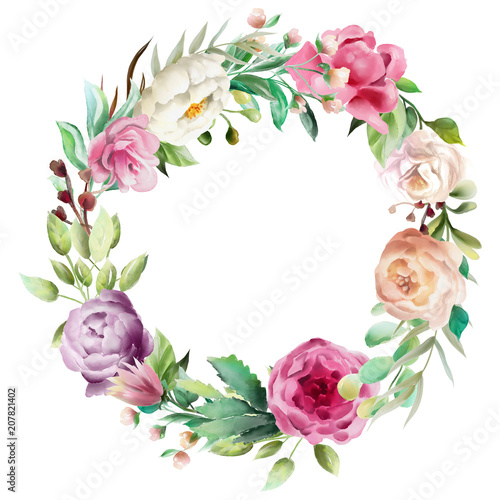 Fototapeta Naklejka Na Ścianę i Meble -  Beautiful watercolor floral bouquet, whimsical flowers wreath, circle frame. Pink rose, violet and cream peony. Fantasy wedding arrangement isolated on white