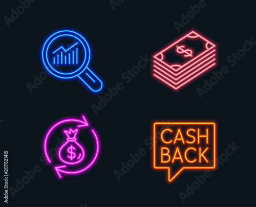 Neon lights. Set of Dollar, Money exchange and Data analysis icons. Money transfer sign. Usd currency, Cash in bag, Magnifying glass. Cashback message. Glowing graphic designs. Vector