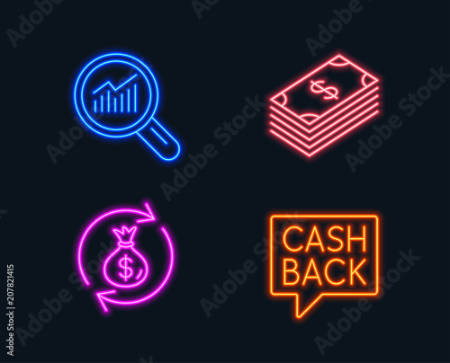 Neon lights. Set of Dollar, Money exchange and Data analysis icons. Money transfer sign. Usd currency, Cash in bag, Magnifying glass. Cashback message.  Glowing graphic designs. Vector