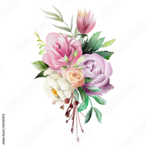 Beautiful watercolor floral bouquet, whimsical flowers wreath. Pink rose, violet and cream peony. Fantasy wedding arrangement isolated on white