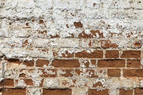 Red White Wall Texture. Brickwall Backdrop. White Red Stonewall Surface. Vintage Brickwork Structure With Peeled Plaster.