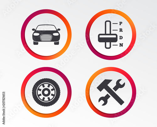 Transport icons. Car tachometer and automatic transmission symbols. Repair service tool with wheel sign. Infographic design buttons. Circle templates. Vector