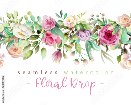 Beautiful watercolor flowers - violet roses, creaem peony and floral greenery branches and leaves seamless tileable drop