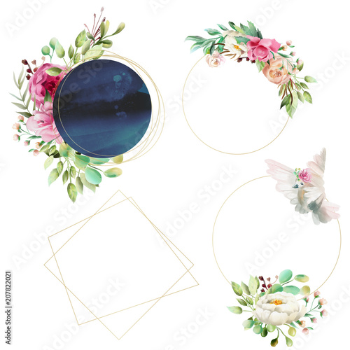 Beautiful, watercolor golden shiny frames with black shape, flowers, floral w...