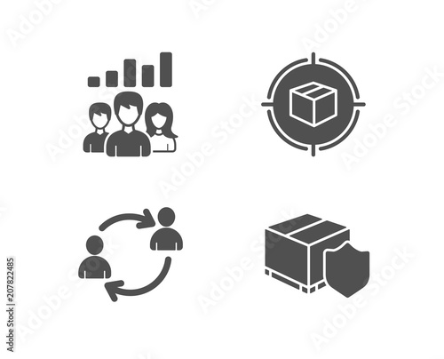 Set of Teamwork results, Parcel tracking and User communication icons. Delivery insurance sign. Group work, Box in target, Human resources. Parcel protection.  Quality design elements. Classic style