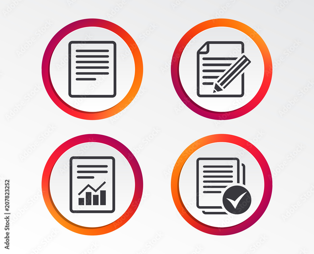 File document icons. Document with chart or graph symbol. Edit content with pencil sign. Select file with checkbox. Infographic design buttons. Circle templates. Vector File document icons. Document with chart or graph symbol. Edit content with pencil sign. Select file with checkbox. Infographic design buttons. Circle templates. Vector