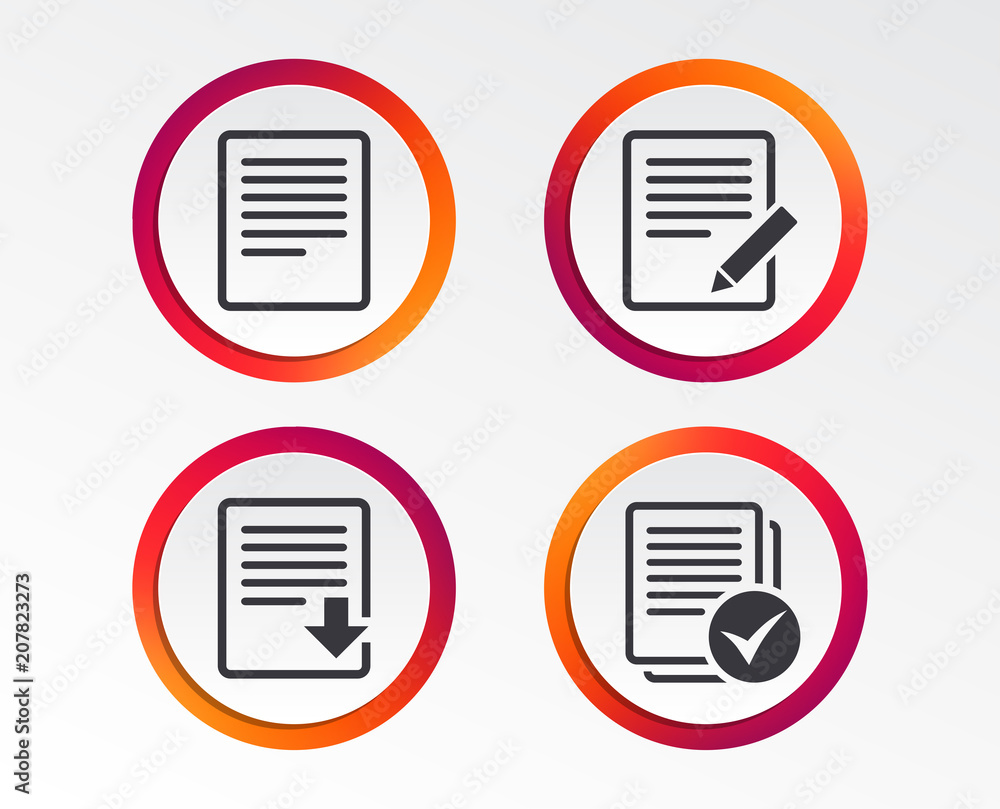 File document icons. Download file symbol. Edit content with pencil sign. Select file with checkbox. Infographic design buttons. Circle templates. Vector File document icons. Download file symbol. Edit content with pencil sign. Select file with checkbox. Infographic design buttons. Circle templates. Vector