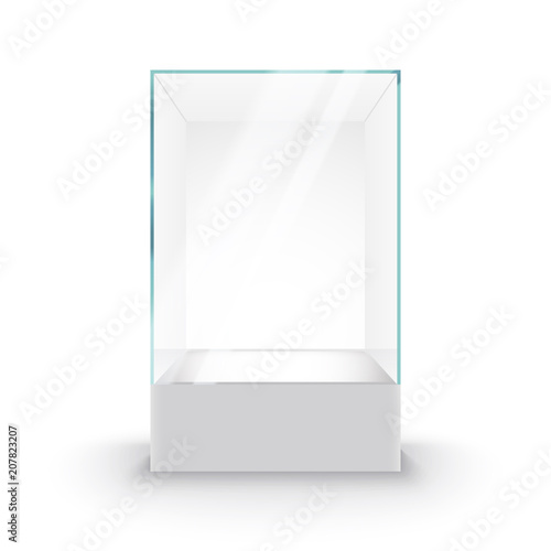 Empty Glass Showcase on pedestal. Museum glass box isolated advertising or business design boutique