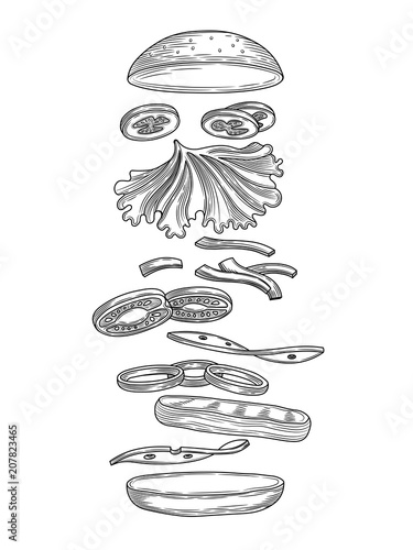 The Burger with the flying ingredients. Bun, bacon, meat, tomatoes, lettuce, cheese, onion, cucumber. Vector illustration. Isolated image on white background. Vintage style. For a vertical poster.