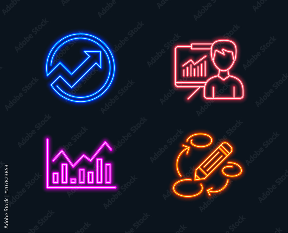 Neon lights. Set of Audit, Infochart and Presentation icons. Keywords sign. Arrow graph, Stock exchange, Education board. Marketing strategy. Glowing graphic designs. Vector Neon lights. Set of Audit, Infochart and Presentation icons. Keywords sign. Arrow graph, Stock exchange, Education board. Marketing strategy. Glowing graphic designs. Vector