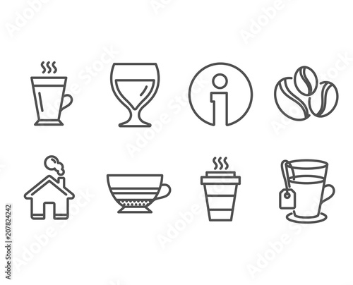 Set of Coffee-berry beans  Latte and Wine glass icons. Mocha  Takeaway and Tea signs. Coffee beans  Tea glass mug  Cabernet wineglass. Coffee cup.  Information and Home design elements. Vector