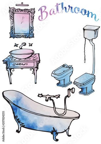 Sketch of bathroom furniture in watercolor spots and white lines, carelessly drawn, wash basin, sink and mirror classic antique