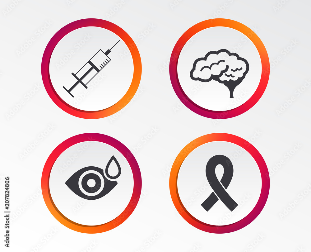 Medicine icons. Syringe, eye with drop, brain and ribbon signs. Breast cancer awareness symbol. Human smart mind. Infographic design buttons. Circle templates. Vector