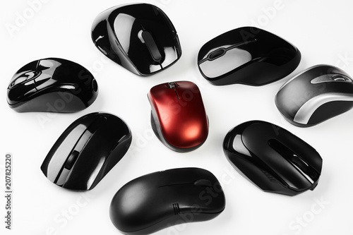 Colorful wireless mouses isolated on white background. Optical computer mouse collection, top view 
