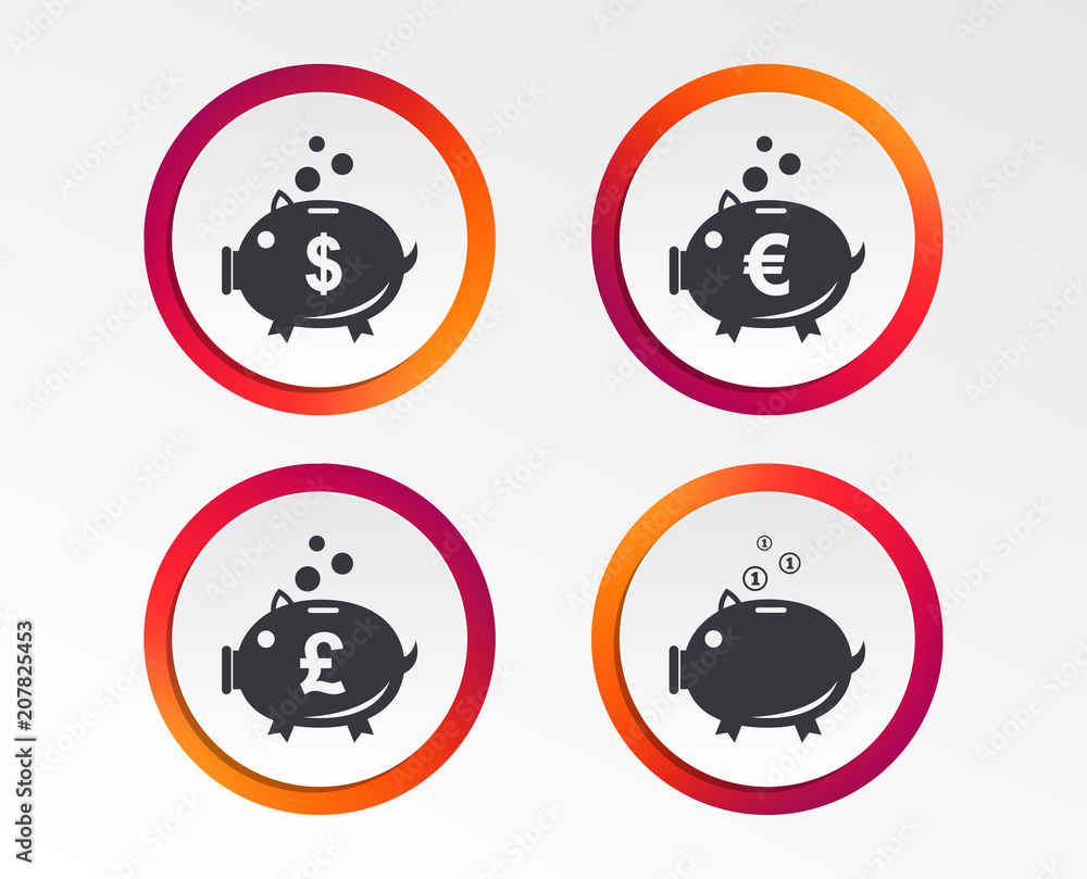 Piggy bank icons. Dollar, Euro and Pound moneybox signs. Cash coin money symbols. Infographic design buttons. Circle templates. Vector