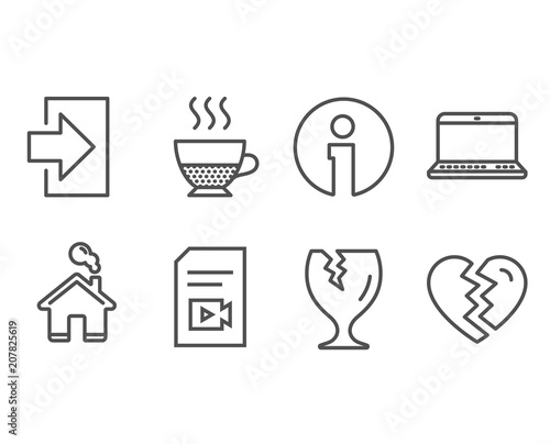 Set of Doppio, Fragile package and Login icons. Notebook, Video file and Break up signs. Coffee drink, Safe shipping, Sign in. Laptop computer, Vlog page, Divorce. Vector