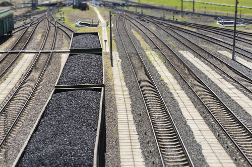 rail cars loaded with coal, a train transports coal