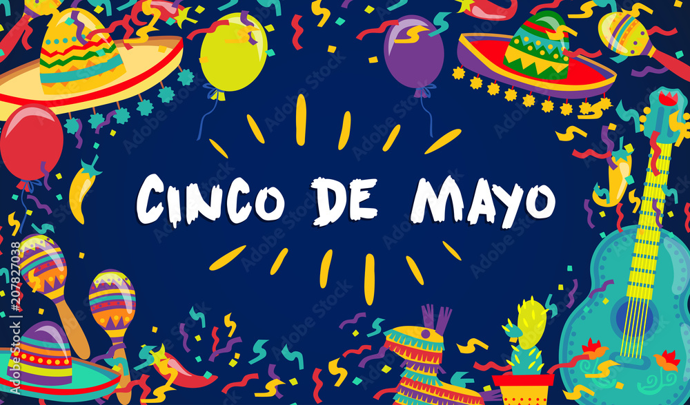 Cinco de Mayo Vector Poster Of Fiesta Elements. Mexican Attributes Sombreros, a Guitar, Cactus and decoration. Vector illustration