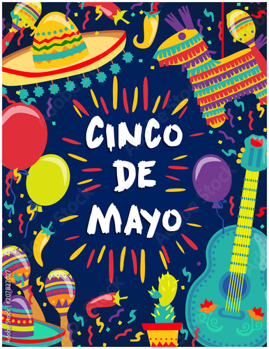 Cinco de Mayo Vector Poster Of Fiesta Elements. Mexican Attributes Sombreros, a Guitar, Cactus and decoration. Vector illustration