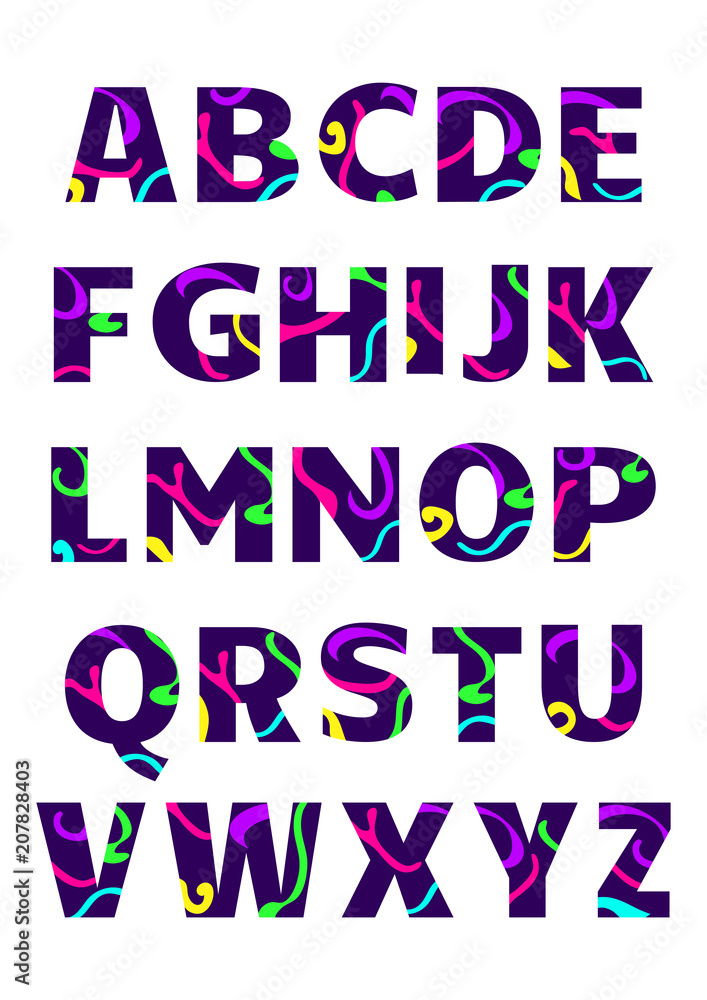 Purple font, alphabet with bright splash. Memphis style. Vector illustration
