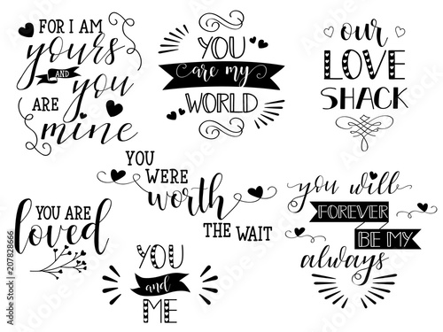 set of hand written lettering about love to valentines day design poster, greeting card, photo album, banner, calligraphy vector illustration collection