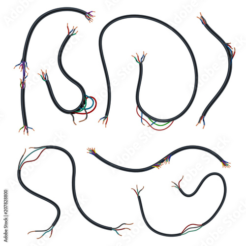 Damaged electrical copper wires and cords. Disconnect broken electric power cables vector set isolated on white background