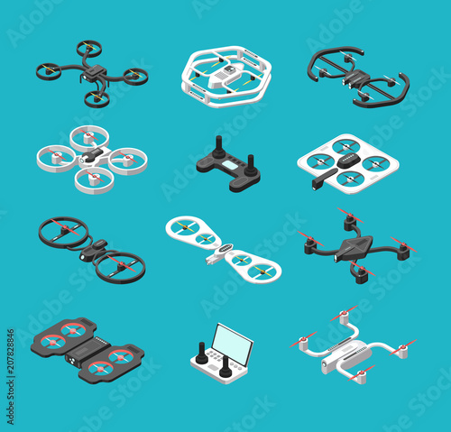 Different isometric 3d drones. Aerial delivery and photo robots vector set