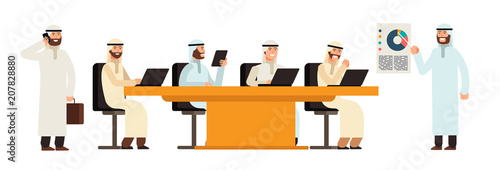 Arab businessmans group at table in bisiness meeting. Arabic saudi men cartoon vector characters