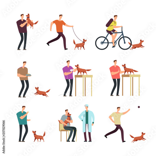Happy man with dog in daily routine. People and cute lovely pets cartoon vector characters isolated