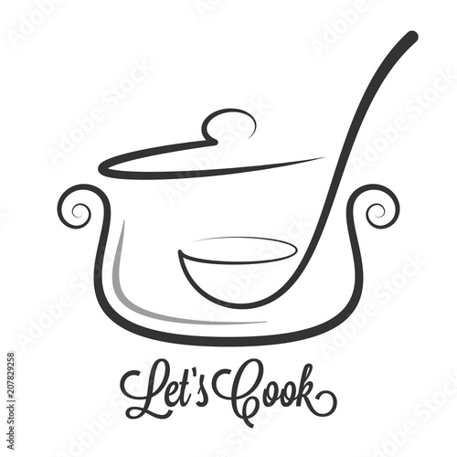 Pan with ladle ornate. Kitchen spoon in a Saucepan pot on white background