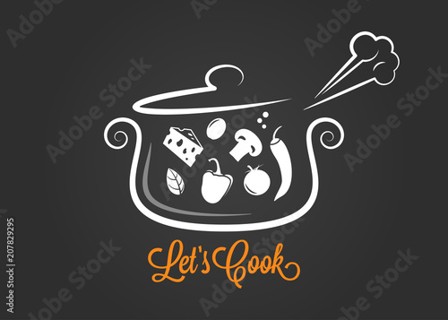 saucepan with food ingredients cooking logo on dark background