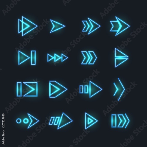 Directional neon arrows. Pointers, orientation arrowhead with luminosity effect. Futuristic hud interface vector elements