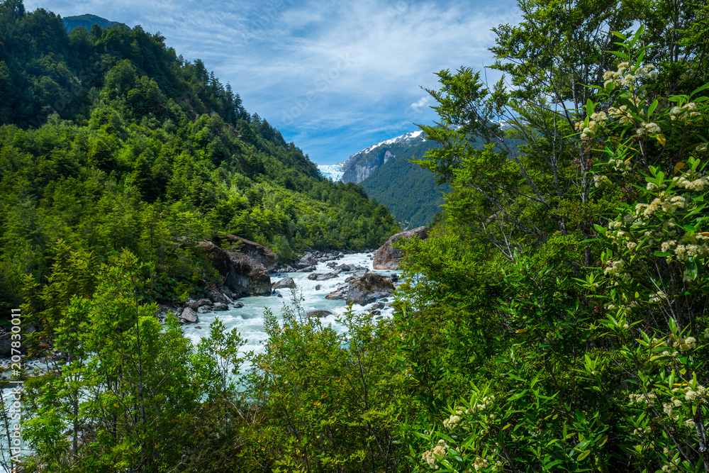 Green valley of Quelat National Park, with hanging glacier visible on the horizon, Puyuhuapi, Patagonia, Chile