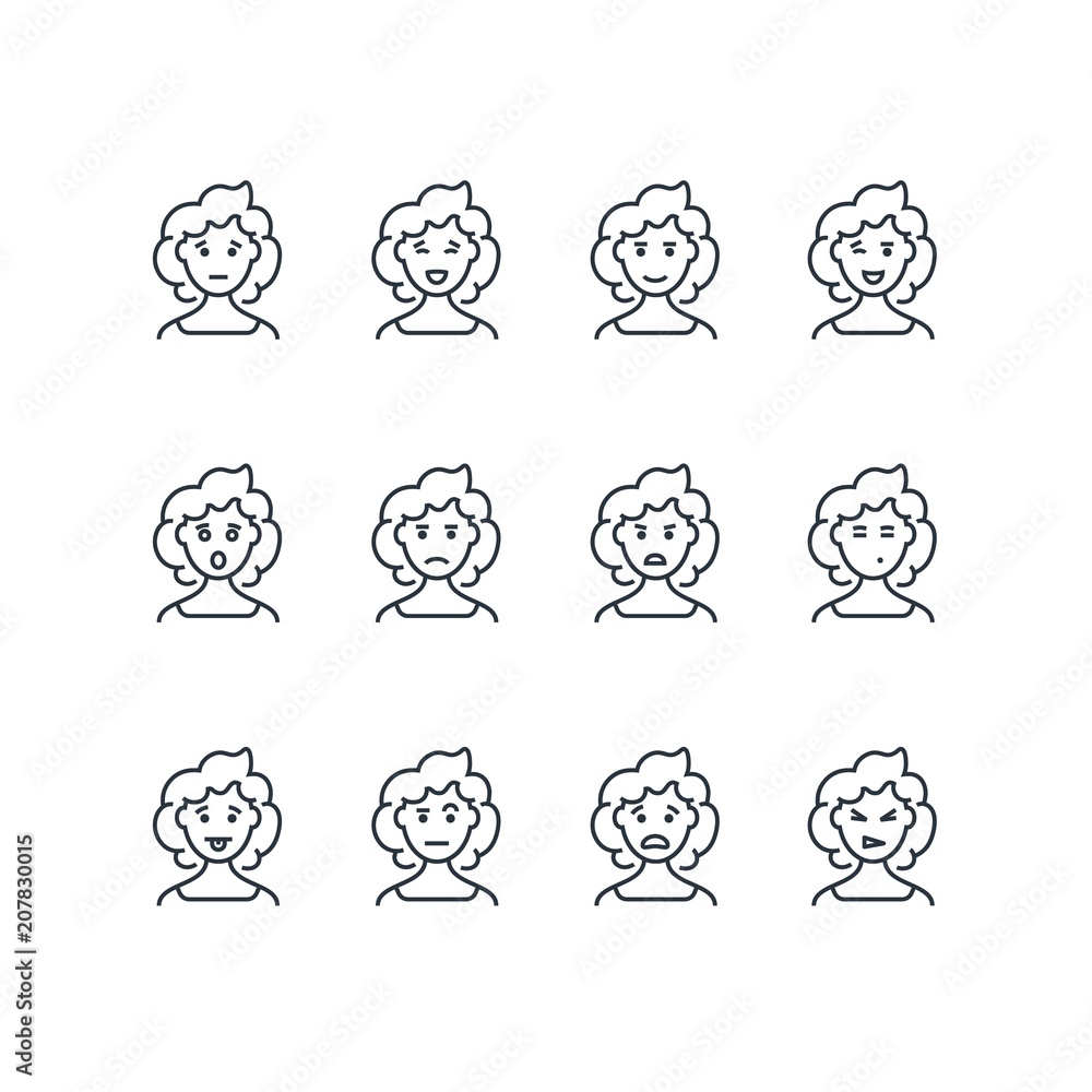 Woman face with different expressions line icons. Female profile outline emoji. Happy, sad, and angry woman vector portraits isolated Woman face with different expressions line icons. Female profile outline emoji. Happy, sad, and angry woman vector portraits isolated