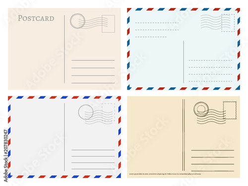Travel postcard templates. Greetings post cards backside vector set