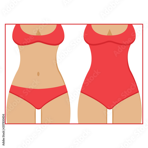 Sunburnt female silhouettes in red swimsuits. Vector illustration