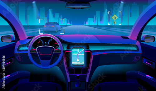 Future autonomous vehicle, driverless car interior with obstacles and night landscape outside. Futuristic car assistant vector concept