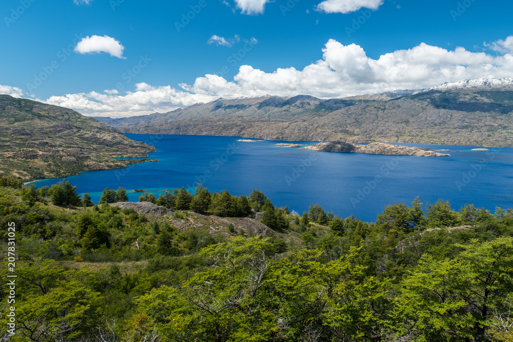 Lake of Cochrane with clear blue water during sunny day. Patagonia, Chile