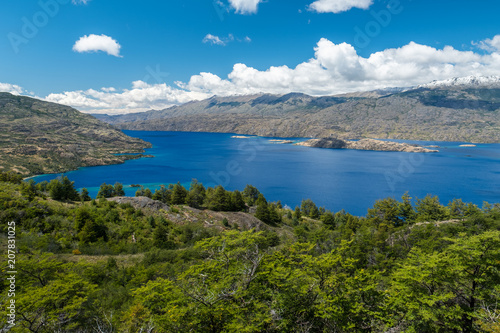 Lake of Cochrane with clear blue water during sunny day. Patagonia, Chile