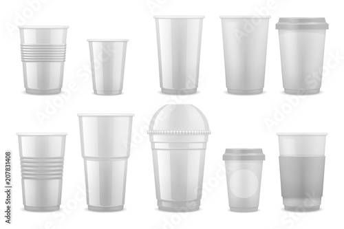 Empty clear white plastic disposable cups, takeaway containers for cold beverage, soda, tea and coffee vector template isolated